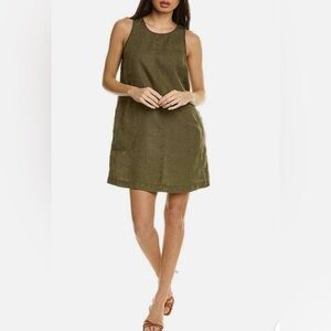 💥Nicole Miller Women's 100% Linen Olive Green Sleeveless Shift Dress L